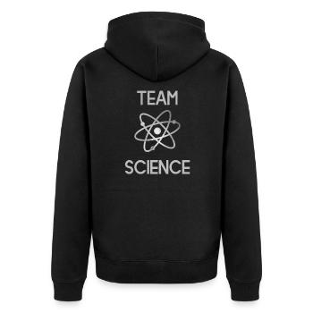 Spruch TEAM SCIENCE mit Atom - Unisex Premium Bio Zip Hoodie - Schwarz - Hinten - Nico (187cm)
