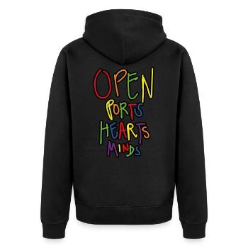 Open Ports Hearts and Minds - Unisex Premium Bio Zip Hoodie - Schwarz - Hinten - Nico (187cm)