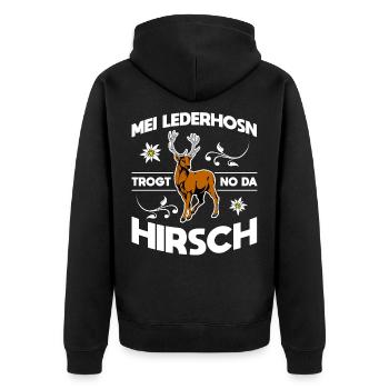 Mei Lederhosn Trogt No Da Hirsch Wiesn - Unisex Premium Bio Zip Hoodie - Schwarz - Hinten - Nico (187cm)