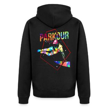 Parkour Geschenk - Unisex Premium Bio Zip Hoodie - Schwarz - Hinten - Nico (187cm)