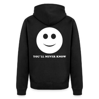 SMILE GRUSELY EVIL FUNNY FUNNY HUMOR IRONY (W) - Unisex Premium Organic Zip Hoodie - black - Back - Nico (187cm)