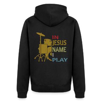 In Jesus Name I Play Drums - Unisex Premium Bio Zip Hoodie - Schwarz - Hinten - Nico (187cm)