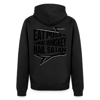 Punk Rock, Eat Pussy, Chug Whiske,Satan Gitarrist - Unisex Premium Bio Zip Hoodie - Schwarz - Hinten - Nico (187cm)