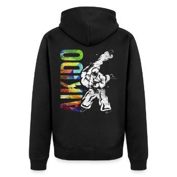 Aikido Geschenk - Unisex Premium Bio Zip Hoodie - Schwarz - Hinten - Nico (187cm)