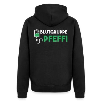 Blutgruppe Pfeffi Geschenk - Unisex Premium Bio Zip Hoodie - Schwarz - Hinten - Nico (187cm)