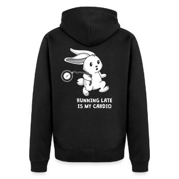 Running late is my cardio | funny wonderland Bunny - Unisex Premium Bio Zip Hoodie - Schwarz - Hinten - Nico (187cm)