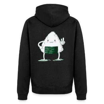 Onigiri zeigt Peace Zeichen - Unisex Premium Bio Zip Hoodie - Schwarz - Hinten - Nico (187cm)