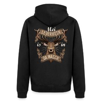 Mei Lederhosn is in da Wäsch Ersatz Lederhose - Unisex Premium Bio Zip Hoodie - Schwarz - Hinten - Nico (187cm)