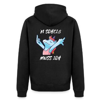 Einen Scheiß muss ich witziges Einhorn Motiv - Unisex Premium Bio Zip Hoodie - Schwarz - Hinten - Nico (187cm)
