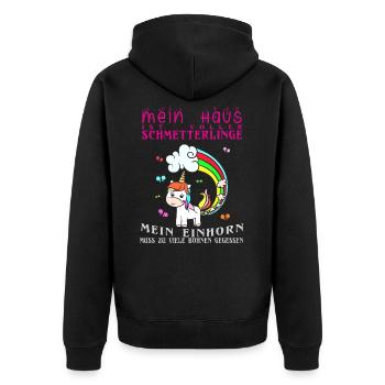 Einhorn Pups als Schmetterlinge und Regenbogen - Unisex Premium Bio Zip Hoodie - Schwarz - Hinten - Nico (187cm)