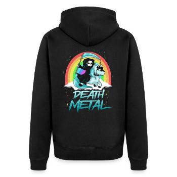 Death Metal Einhorn mit Tod als Reiter Regenbogen - Unisex Premium Bio Zip Hoodie - Schwarz - Hinten - Nico (187cm)
