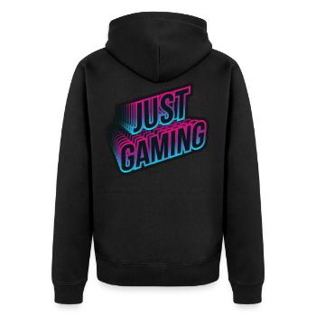 JUST GAMING Neonfarben Schriftzug - Unisex Premium Bio Zip Hoodie - Schwarz - Hinten - Nico (187cm)