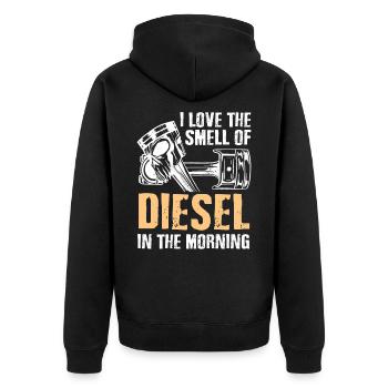 I love the smell of diesel in the morning - Unisex Premium Bio Zip Hoodie - Schwarz - Hinten - Nico (187cm)