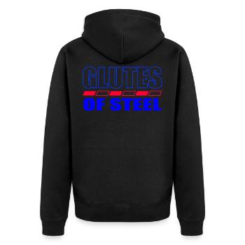 GLUTFS OF STEEL GYM - Unisex Premium Bio Zip Hoodie - Schwarz - Hinten - Nico (187cm)