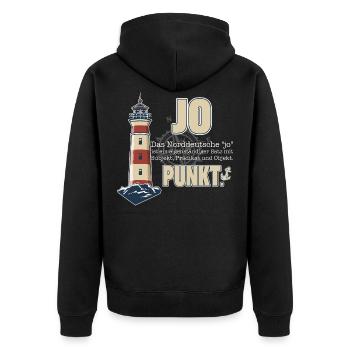 Nordisch Klar – Leuchtturm & Humor - Unisex Premium Bio Zip Hoodie - Schwarz - Hinten - Nico (187cm)