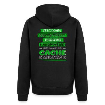 Lustiger Spruch Cache gefunden Geocaching - Unisex Premium Bio Zip Hoodie - Schwarz - Hinten - Nico (187cm)