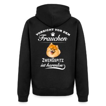Vorsicht vor dem Frauchen - Zwergspitz ist harmlos - Unisex Premium Bio Zip Hoodie - Schwarz - Hinten - Nico (187cm)