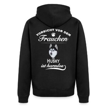 Vorsicht vor dem Frauchen - Der Husky ist harmlos - Unisex Premium Bio Zip Hoodie - Schwarz - Hinten - Nico (187cm)