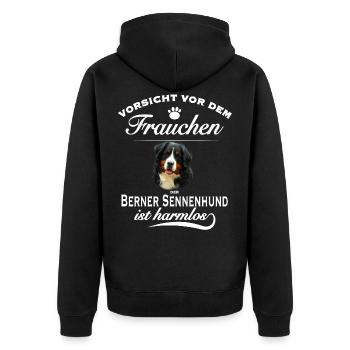 Berner Sennenhund - Vorsicht vor dem Frauchen - Unisex Premium Bio Zip Hoodie - Schwarz - Hinten - Nico (187cm)