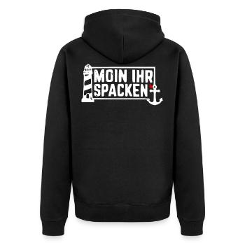 MOIN IHR SPACKEN - Ostseeliebe - Unisex Premium Bio Zip Hoodie - Schwarz - Hinten - Nico (187cm)