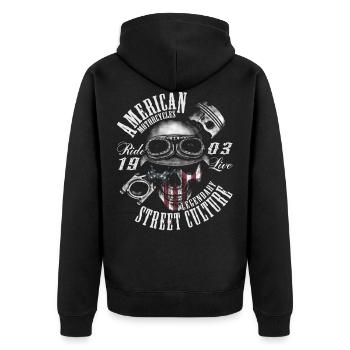 American Motorcycles - Unisex Premium Organic Zip Hoodie - black - Back - Nico (187cm)