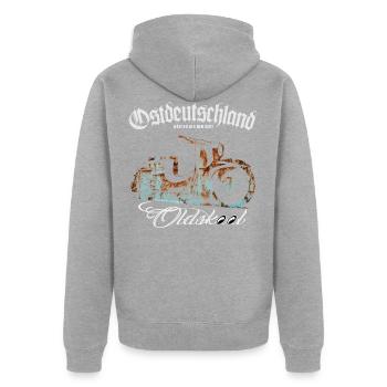Simson Schwalbe - Ostdeutschland Oldskool - Unisex Premium Bio Zip Hoodie - Grau meliert - Hinten - Nico (187cm)