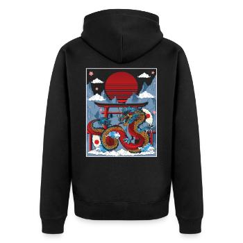 Japanischer Drache Tempel der Macht - Unisex Premium Bio Zip Hoodie - Schwarz - Hinten - Nico (187cm)
