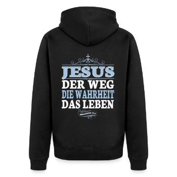 Jesus Christus Shirt Bibelvers Ich bin der Weg - Unisex Premium Bio Zip Hoodie - Schwarz - Hinten - Nico (187cm)