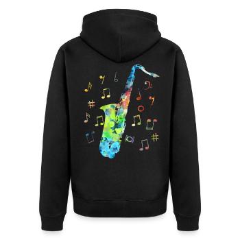 Bunt Saxophon-Musiker Saxophon Jazzmusik - Unisex Premium Bio Zip Hoodie - Schwarz - Hinten - Nico (187cm)