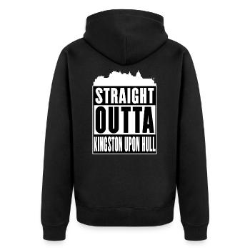Straight Outta Kingston Upon Hull - 'ull - Unisex Premium Bio Zip Hoodie - Schwarz - Hinten - Nico (187cm)