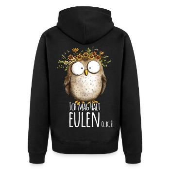 Eule mit Spruch Ich Mag Halt Eulen - Unisex Premium Bio Zip Hoodie - Schwarz - Hinten - Nico (187cm)