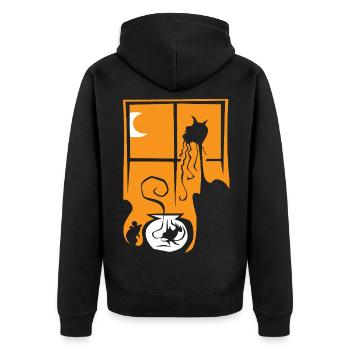 Halloween, chat, souris, poisson, orange, fenêtre, lune - Veste à capuche bio Premium Unisexe - noir - Dos - Nico (187cm)