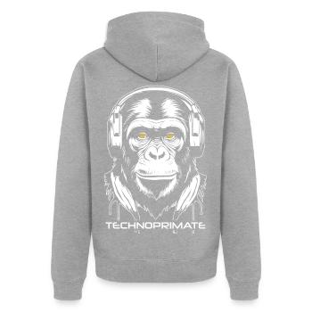 TechnoPrimate Kopfhörer Ape Art #1 Weiß - Unisex Premium Bio Zip Hoodie - Grau meliert - Hinten - Nico (187cm)