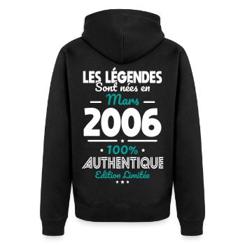 Anniversaire 20 ans - Légendes nées Mars 2006 - Veste à capuche bio Premium Unisexe - noir - Dos - Nico (187cm)