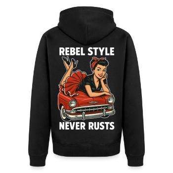 Rockabilly Pin-Up: Rebel Style Never Rusts Retro - Unisex Premium Bio Zip Hoodie - Schwarz - Hinten - Nico (187cm)