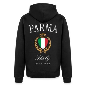 Parma Italien Wappen Krone – Reise Souvenir - Unisex Premium Bio Zip Hoodie - Schwarz - Hinten - Nico (187cm)