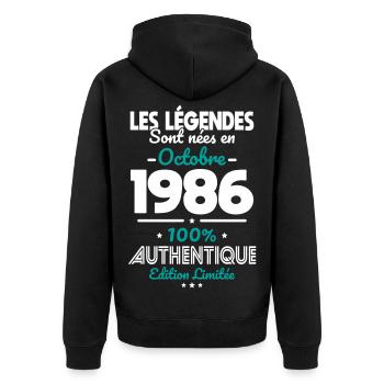 Anniversaire 40 ans - Légendes nées Octobre 1986 - Veste à capuche bio Premium Unisexe - noir - Dos - Nico (187cm)