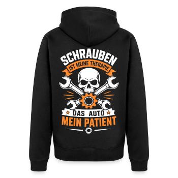Schrauben ist meine Therapie Autoschrauber - Unisex Premium Bio Zip Hoodie - Schwarz - Hinten - Nico (187cm)