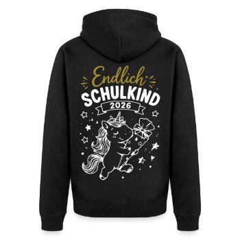 Endlich Schulkind 2026 Unicorn - Unisex Premium Bio Zip Hoodie - Schwarz - Hinten - Nico (187cm)