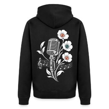 Vintage Mikrofon – Musik und Blumen Motiv - Unisex Premium Bio Zip Hoodie - Schwarz - Hinten - Nico (187cm)