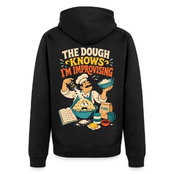 The Dough Knows I'm Improvising – Backen - Unisex Premium Bio Zip Hoodie - Schwarz - Hinten - Nico (187cm)