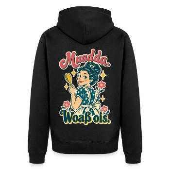 Muadda woaß ois - Unisex Premium Bio Zip Hoodie - Schwarz - Hinten - Nico (187cm)
