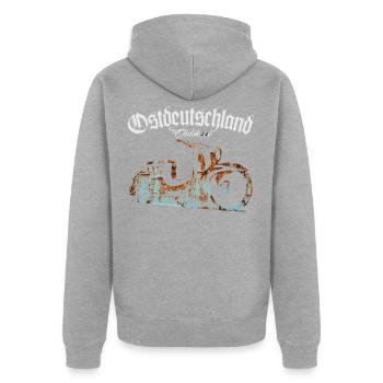 Simson Schwalbe - Ostdeutschland - Oldskool - Unisex Premium Bio Zip Hoodie - Grau meliert - Hinten - Nico (187cm)