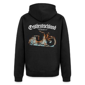 Simson Schwalbe - Ostdeutschland - Oldskool - Unisex Premium Bio Zip Hoodie - Schwarz - Hinten - Nico (187cm)
