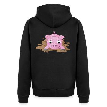 Planschendes Comic Schweinchen - Unisex Premium Bio Zip Hoodie - Schwarz - Hinten - Nico (187cm)