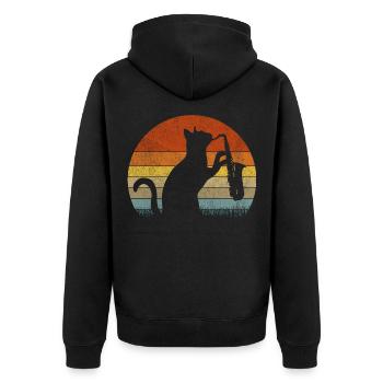 Lustiger Saxophon Katze Jazzmusik 90er Retro - Unisex Premium Bio Zip Hoodie - Schwarz - Hinten - Nico (187cm)