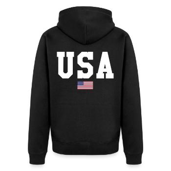 USA T-SHIRT, USA Shirt - Unisex Premium Organic Zip Hoodie - black - Back - Nico (187cm)