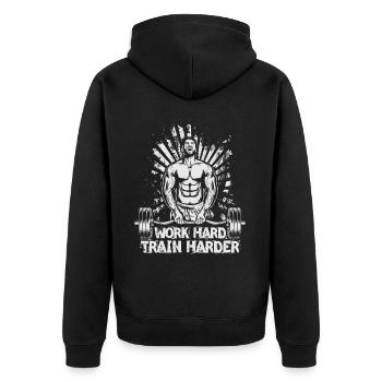 Work Hard / Train Harder - Unisex Premium Organic Zip Hoodie - black - Back - Nico (187cm)