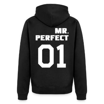 MR. PERFECT & MRS. PERFECT Pärchen Shirt - Unisex Premium Bio Zip Hoodie - Schwarz - Hinten - Nico (187cm)