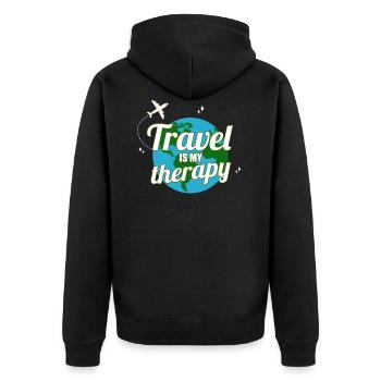 Reisen ist mein Therapie Traveller Wanderlust Shirt - Unisex Premium Bio Zip Hoodie - Schwarz - Hinten - Nico (187cm)